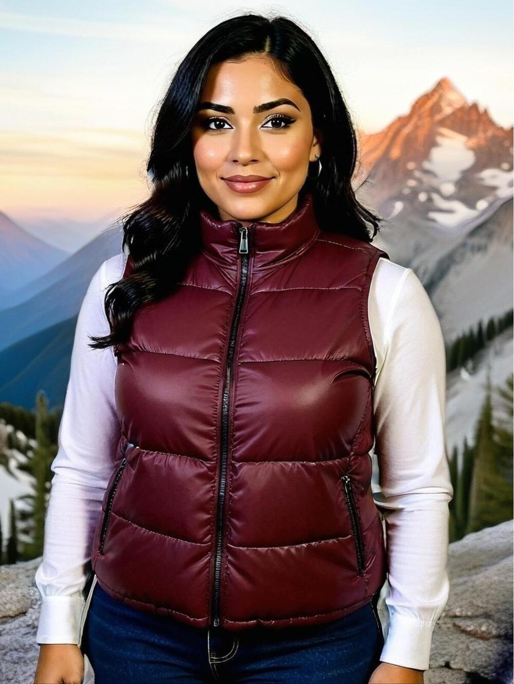 Purple Maroon Zip Up Collared Xersion Puffer Vest Women's Plus  Size 0X